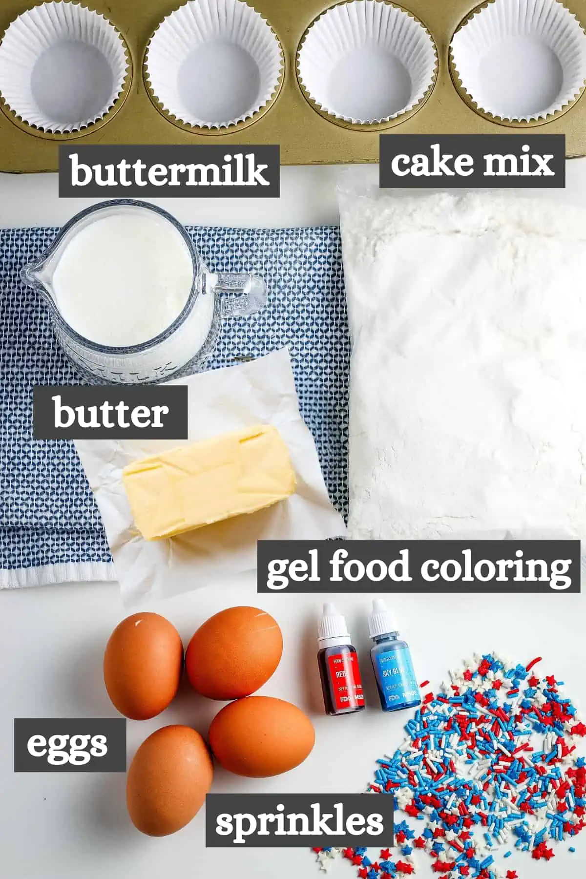 patriotic cupcakes ingredients on white countertop