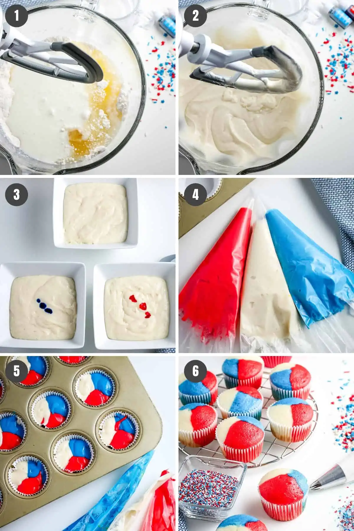steps for how to make 4th of July cupcakes, including mixing with mixer, separating batter and coloring with food coloring, piping batter into cupcake liners, and baked cupcakes