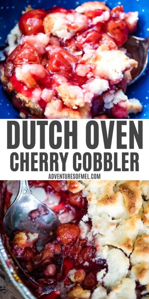 2 step photo collage showing freshly baked Dutch oven cherry cobbler