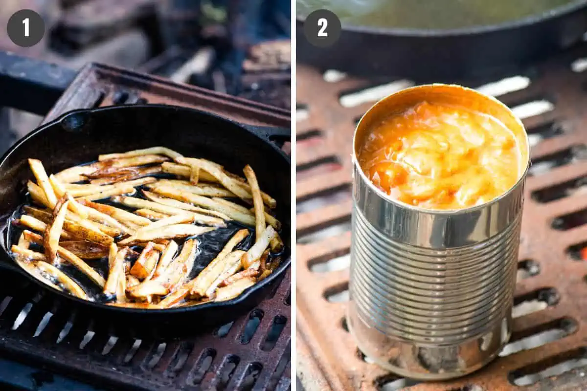 2 step collage showing, 1. crispy French fries cooking in a large black cast iron skillet on a campfire grill over the campfire; 2. can of chili on top of a campfire grill next to a large black cast iron skillet