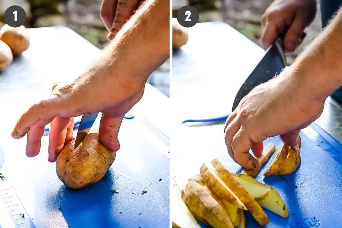slicing up russet potatoes to make crispy homemade French fries