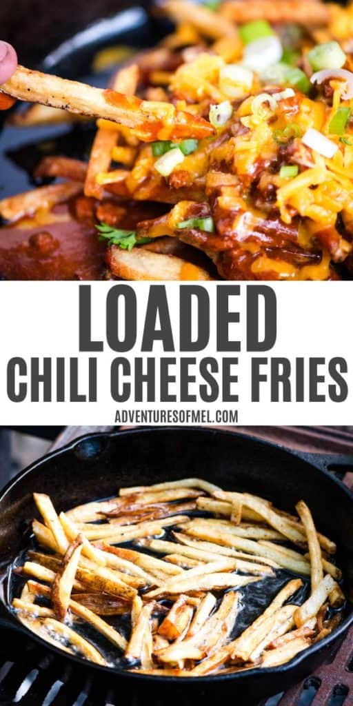 2 step photo pin showing, top: loaded chili cheese fries in a large black cast iron skillet with shredded cheese and green onions on top; bottom: crispy French fries cooking in a large black cast iron skillet