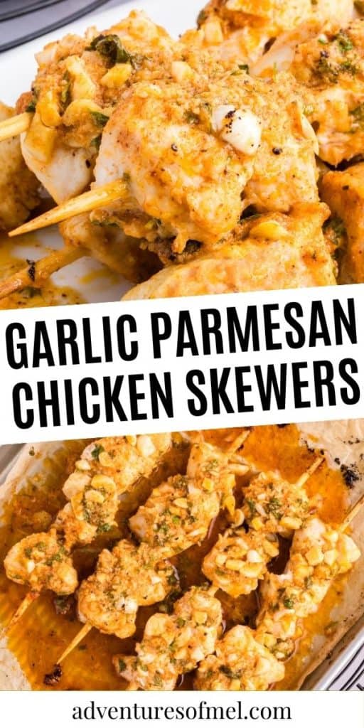 2 photo collage showing, top: garlic parmesan chicken skewers ready to serve in a deep dish white rectangular platter; bottom: freshly baked garlic parm chicken skewers fresh out of the oven and ready to serve on a large silver baking sheet lined with parchment paper
