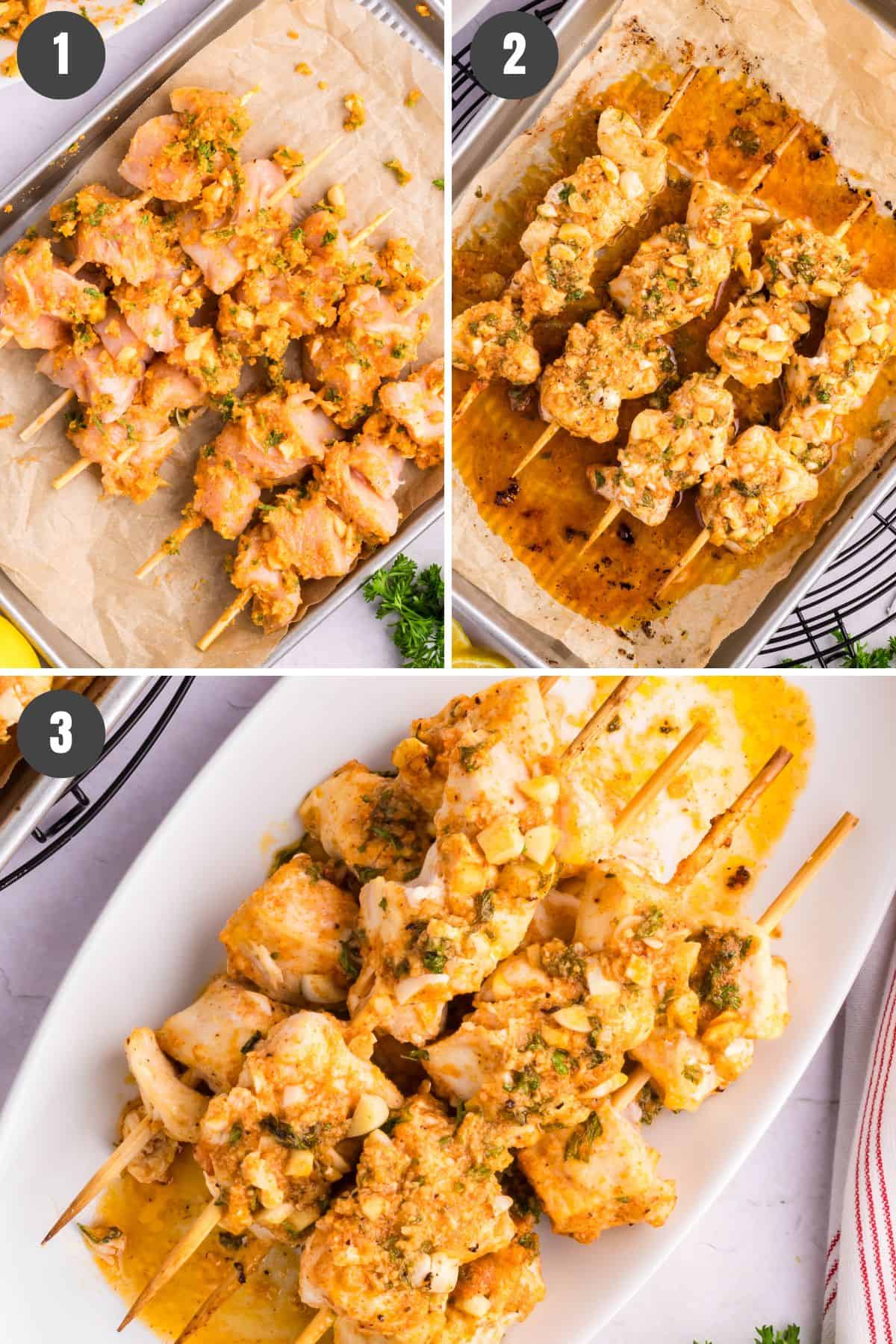 3 photo collage showing how to make garlic parmesan chicken skewers