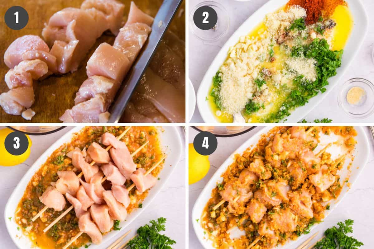 4 photo collage showing how to make and marinate garlic parm chicken skewers