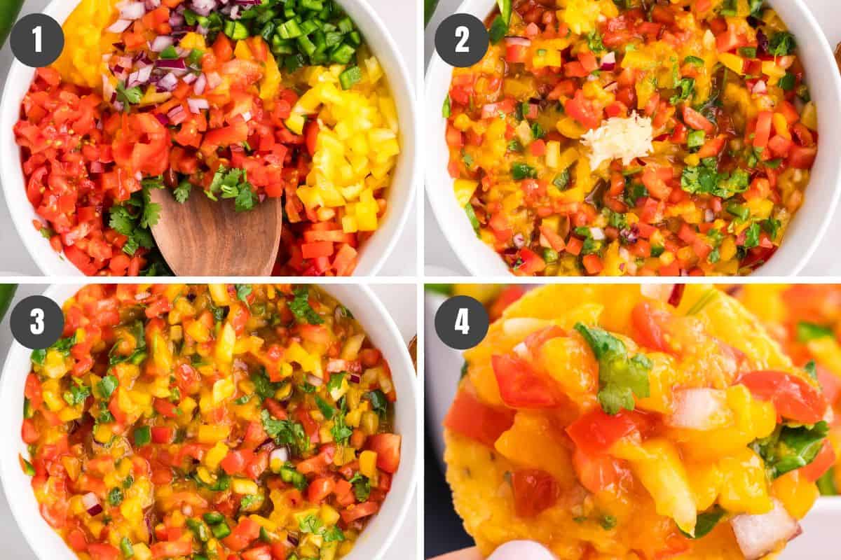4 step collage showing how to make peach mango salsa recipe