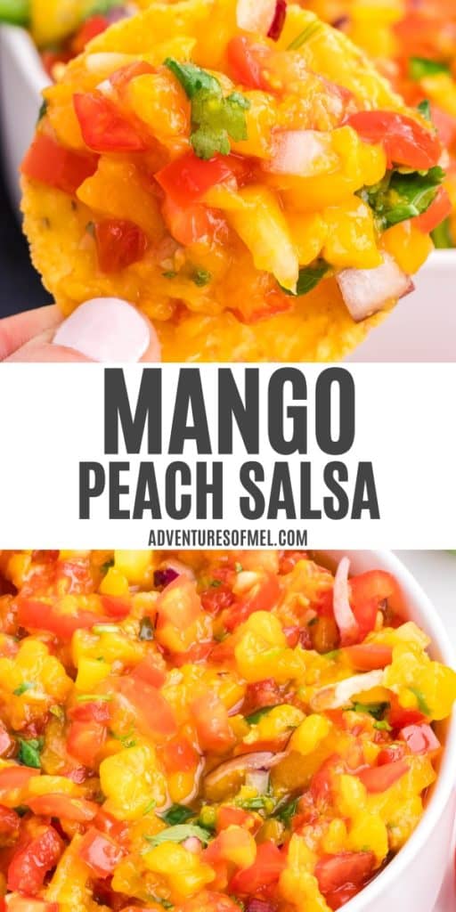 2 step photo collage showing, top: closeup photo of a round tortilla chip with peach and mango salsa; bottom: peach mango salsa in a medium white mixing bowl