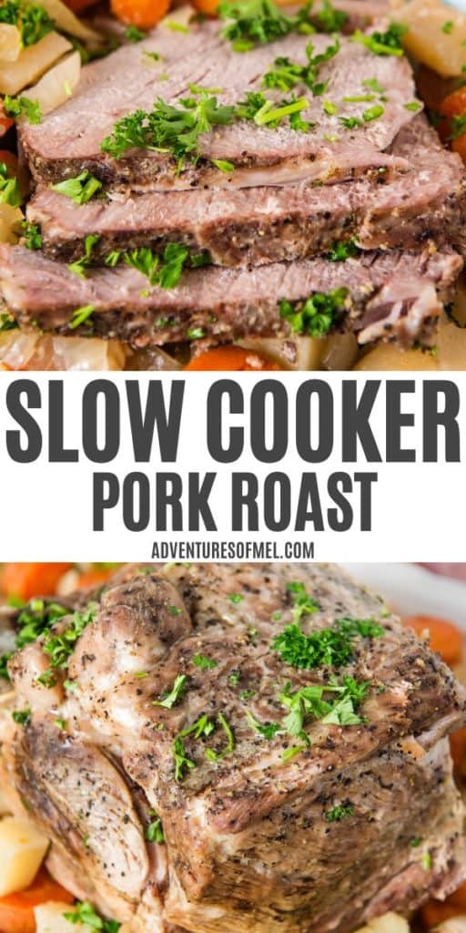 2 photo collage showing, top: slow cooker pork roast sliced up on a bed of fresh cooked root vegetables on a small blue plate; bottom: freshly cooked Crock Pot pork roast on a bed of fresh root veggies on a large white decorative plate