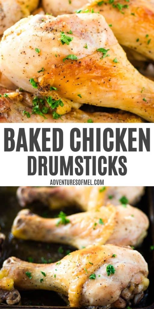 baked chicken drumsticks fresh out of the oven with a fresh parsley garnish on a large baking sheet
