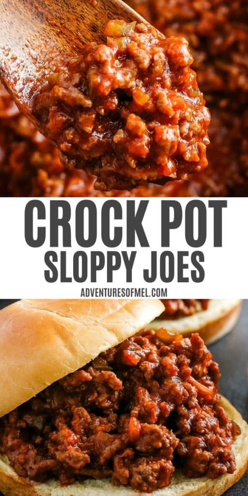 2 photo collage showing, top: crock pot sloppy joes on a large wooden spoon over top of the slow cooker; bottom: slow cooker sloppy joes sandwich on hamburger buns