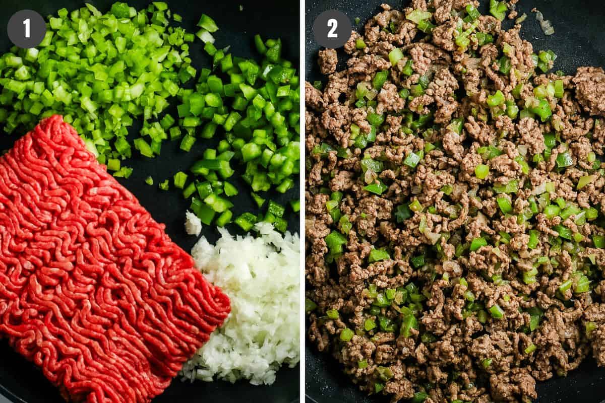 2 step collage showing how to cook sloppy joe meat in a skillet for crock pot sloppy joes