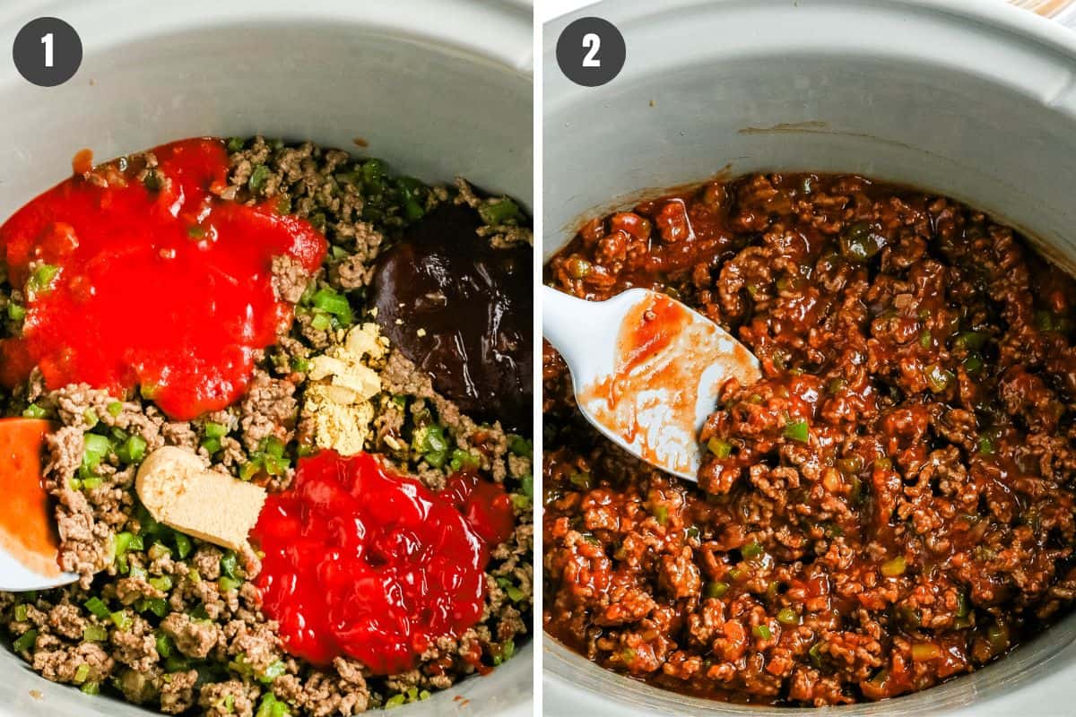 2 step photo collage showing how to make homemade sloppy joes in the slow cooker