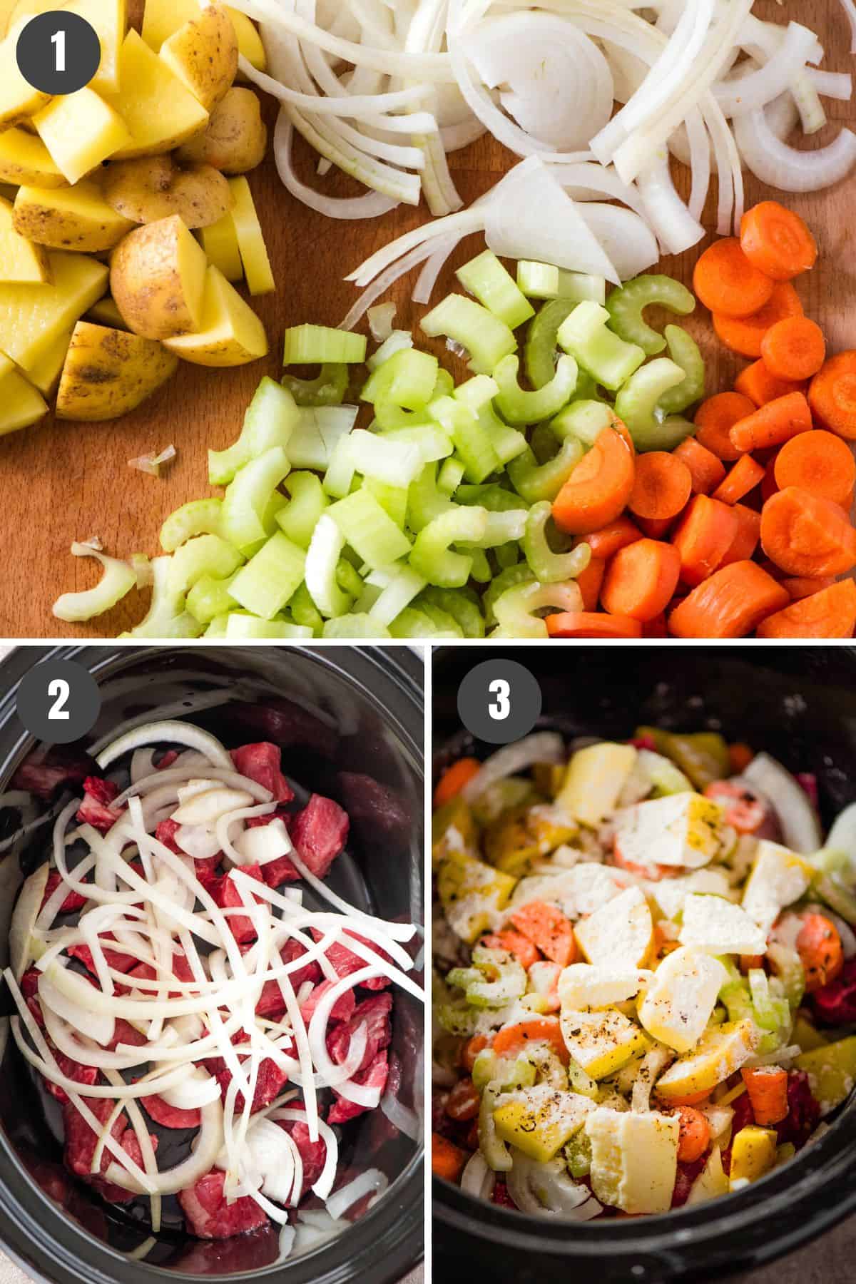 3 photo collage showing how to make the filling in the slow cooker for beef pot pie