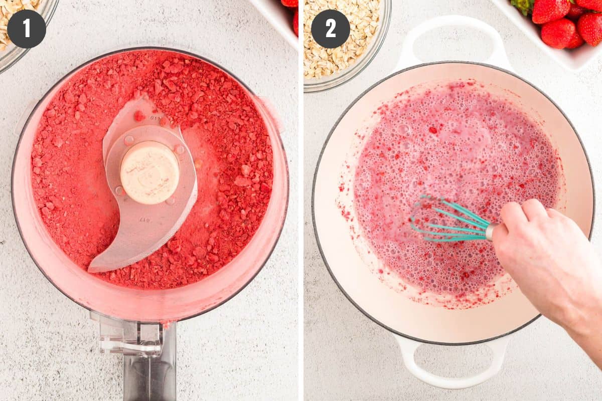 2 step photo collage showing how to make strawberry milk for strawberry oatmeal