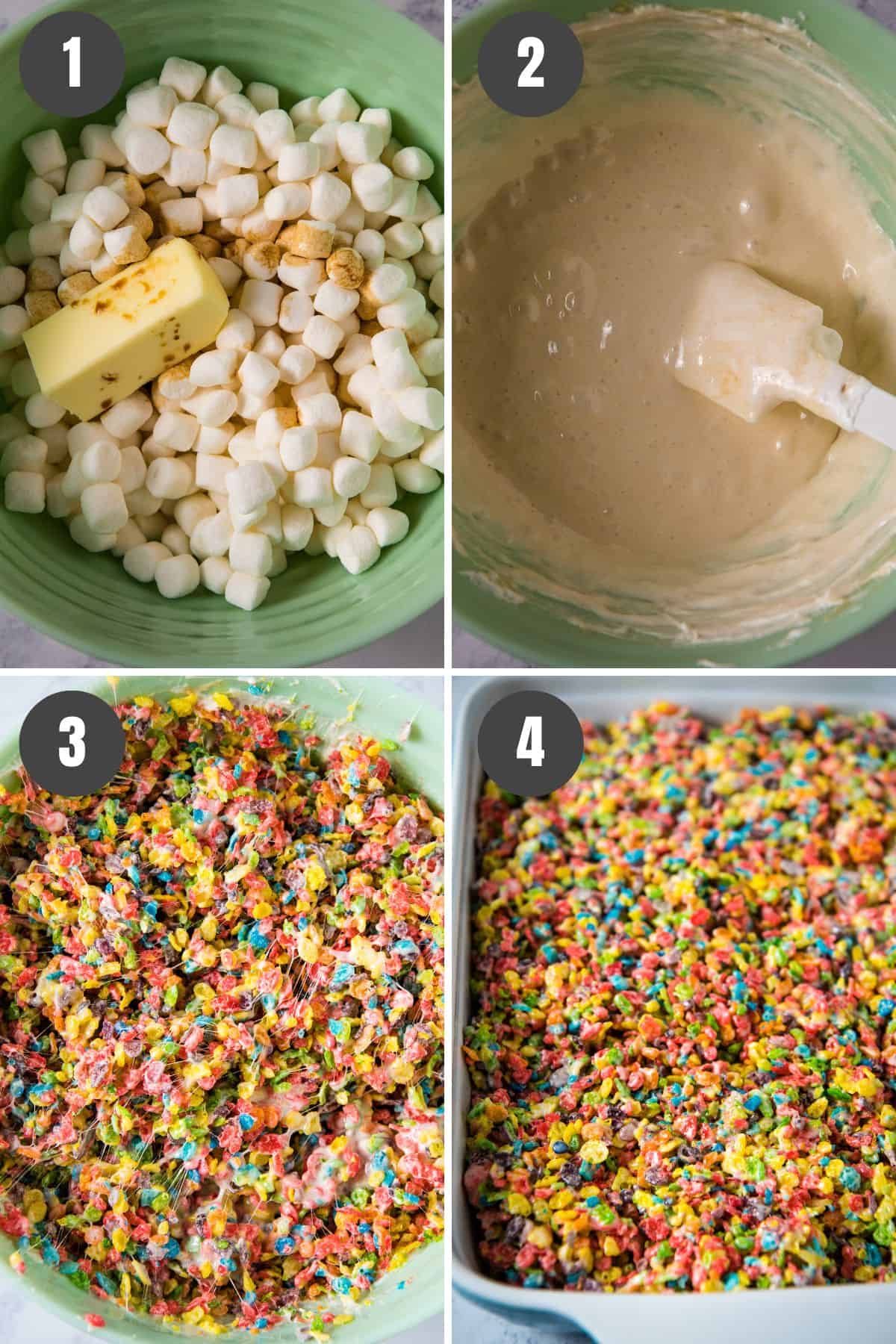 4 step photo collage showing how to make fruity pebbles treats recipe