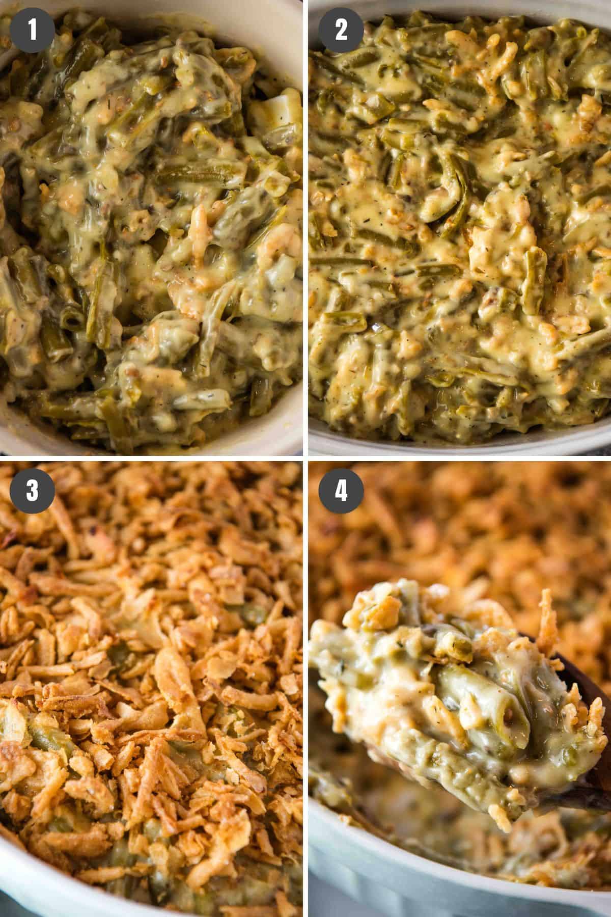 4 step photo collage showing how to make easy green bean casserole recipe