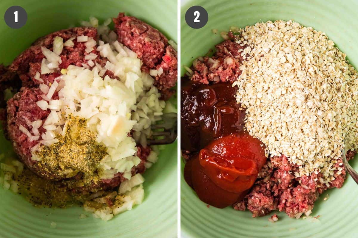 2 step photo collage showing how to make meatloaf muffins recipe in a large green mixing bowl