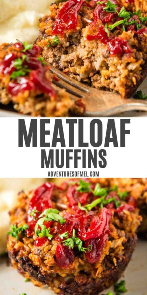 2 step photo collage showing, top: closeup photo of a meatloaf muffin sliced in half with a small fork on a decorative small white plate; bottom: closeup photo showing meatloaf muffin fresh out of the oven on a small white plate
