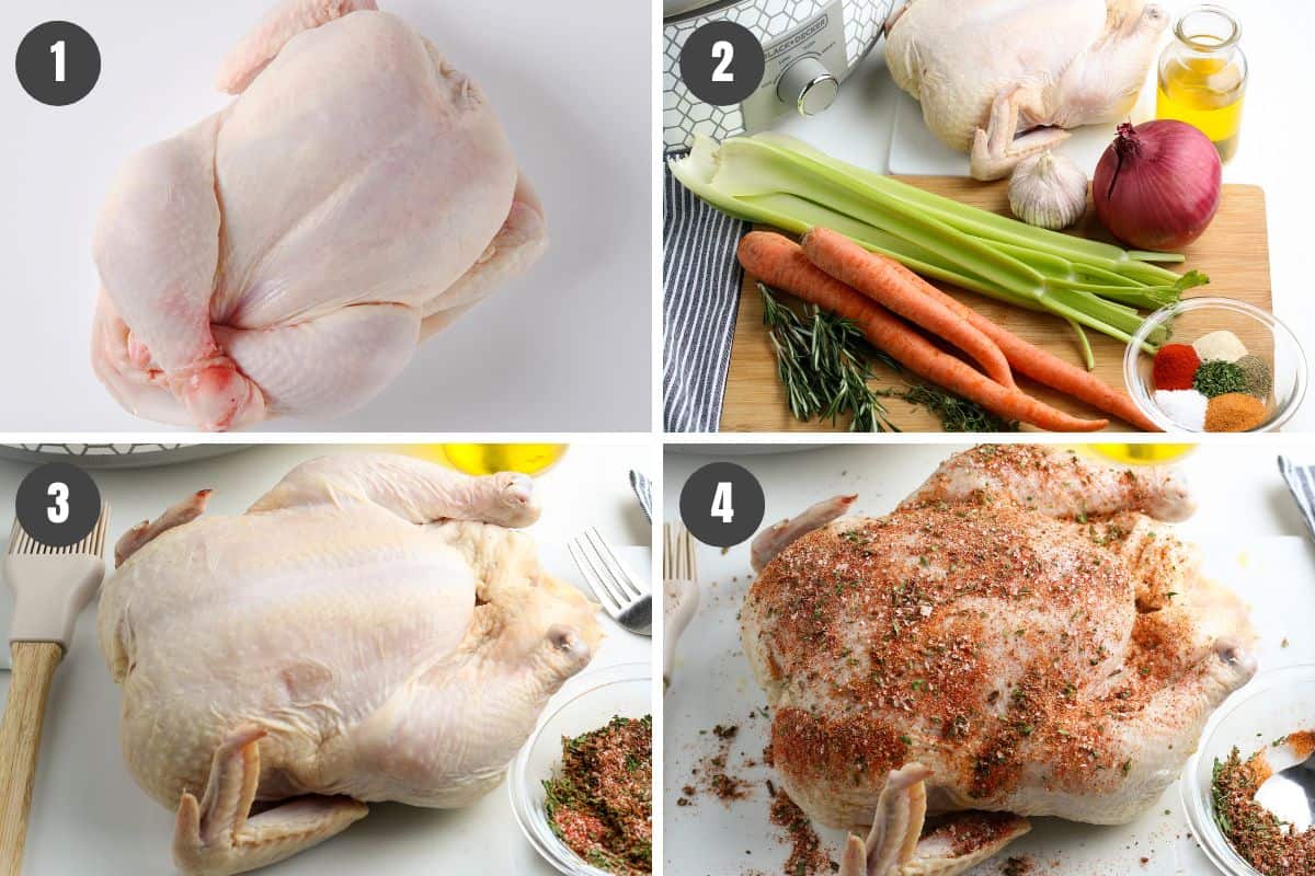 4 step collage showing how to make whole slow cooker chicken
