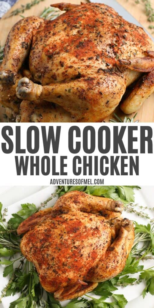 2 step collage showing slow cooker whole chicken on a pile of fresh herbs on a large decorative white plate