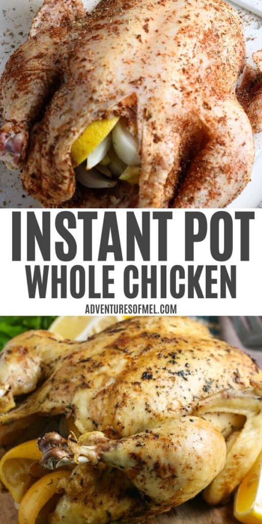 2 step photo collage showing, top: whole chicken stuffed with quartered lemons and peppers on a large wooden cutting board; bottom: Instant Pot whole chicken stuffed with lemons and peppers fresh after cooking in the Instant Pot on a large wooden cutting board