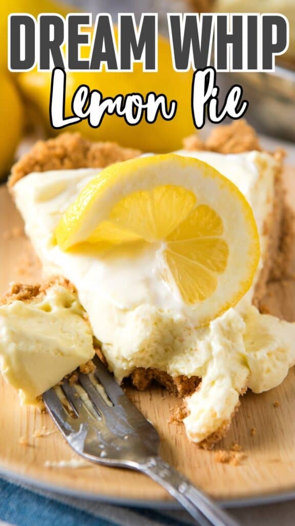 slice of no bake lemon pie with lemon slice on top