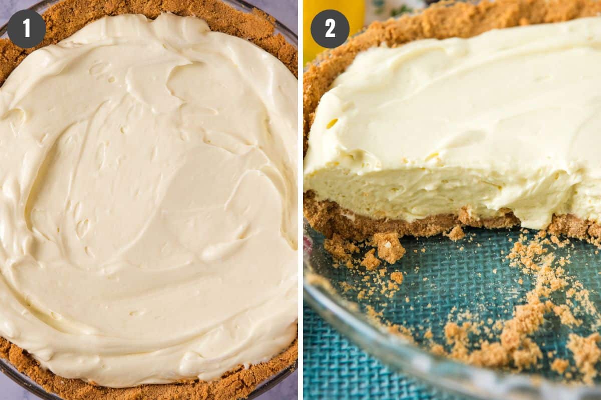 2 step photo collage showing how to make Dream Whip lemon pie