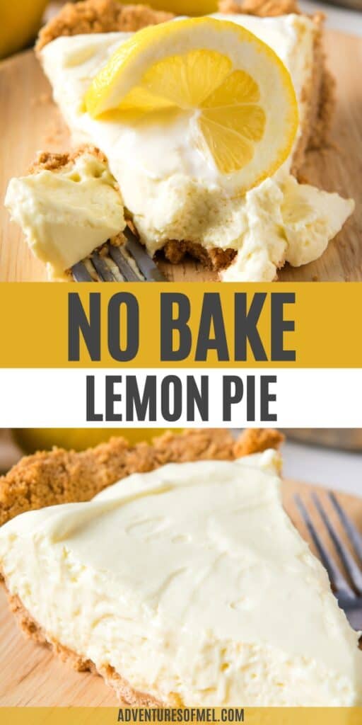 2 photos of sliced no bake lemon pie