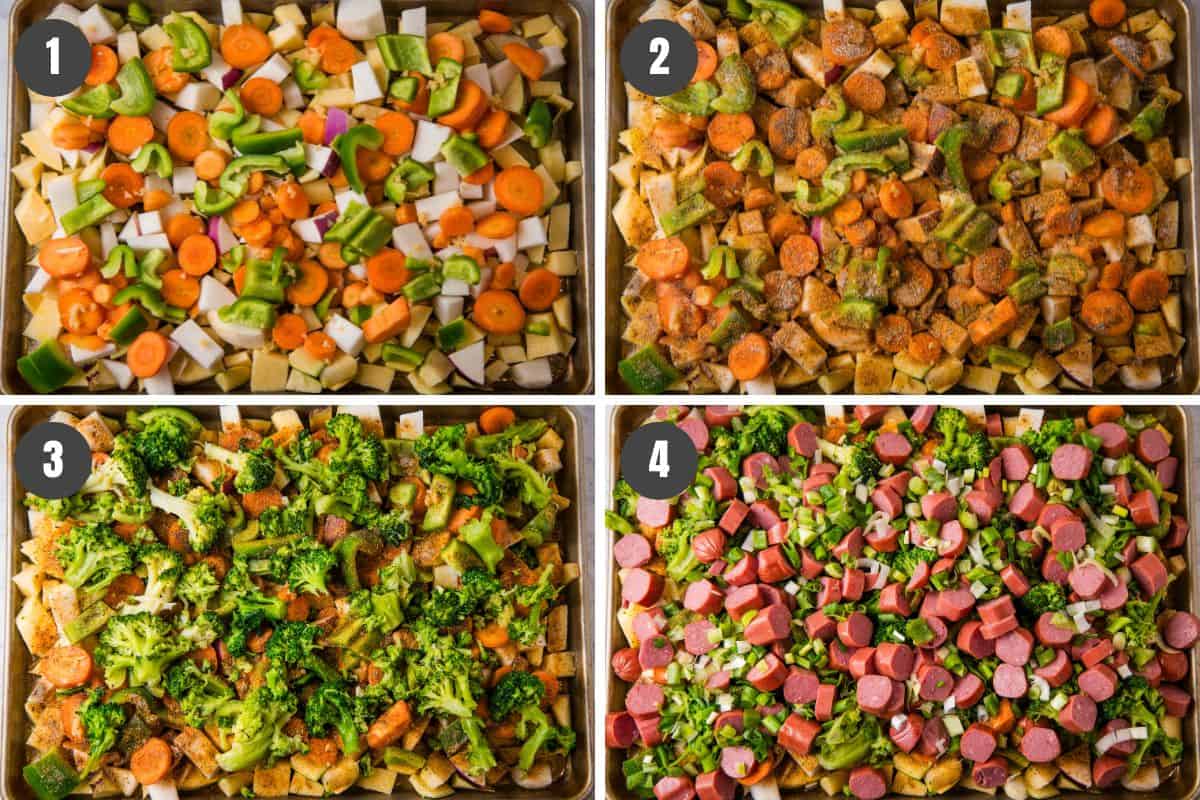 4 step photo collage showing how to layer sausage and veggies on a large sheet pan