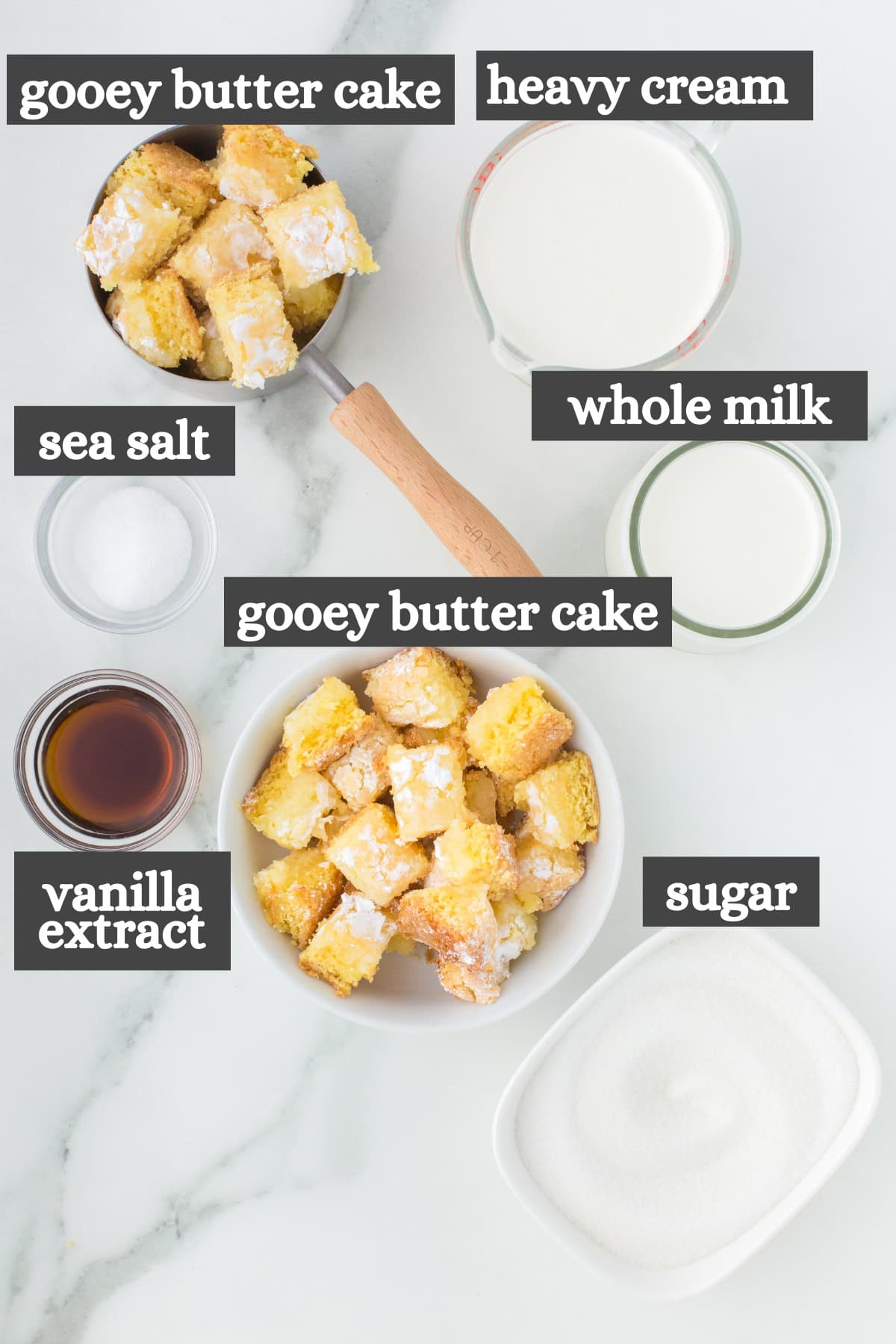 gooey butter cake ice cream recipe ingredients on white marble countertop