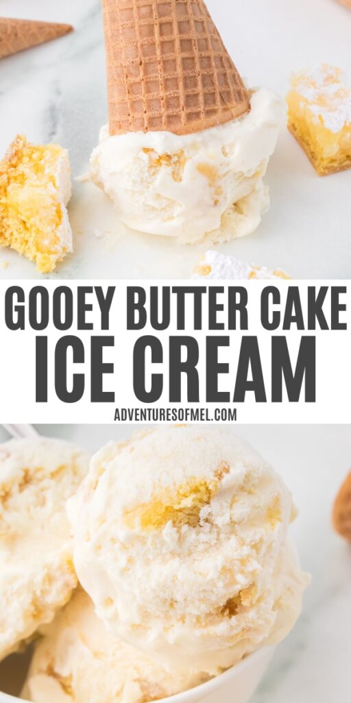 two images of gooey butter cake ice cream on cone and scooped in bowl