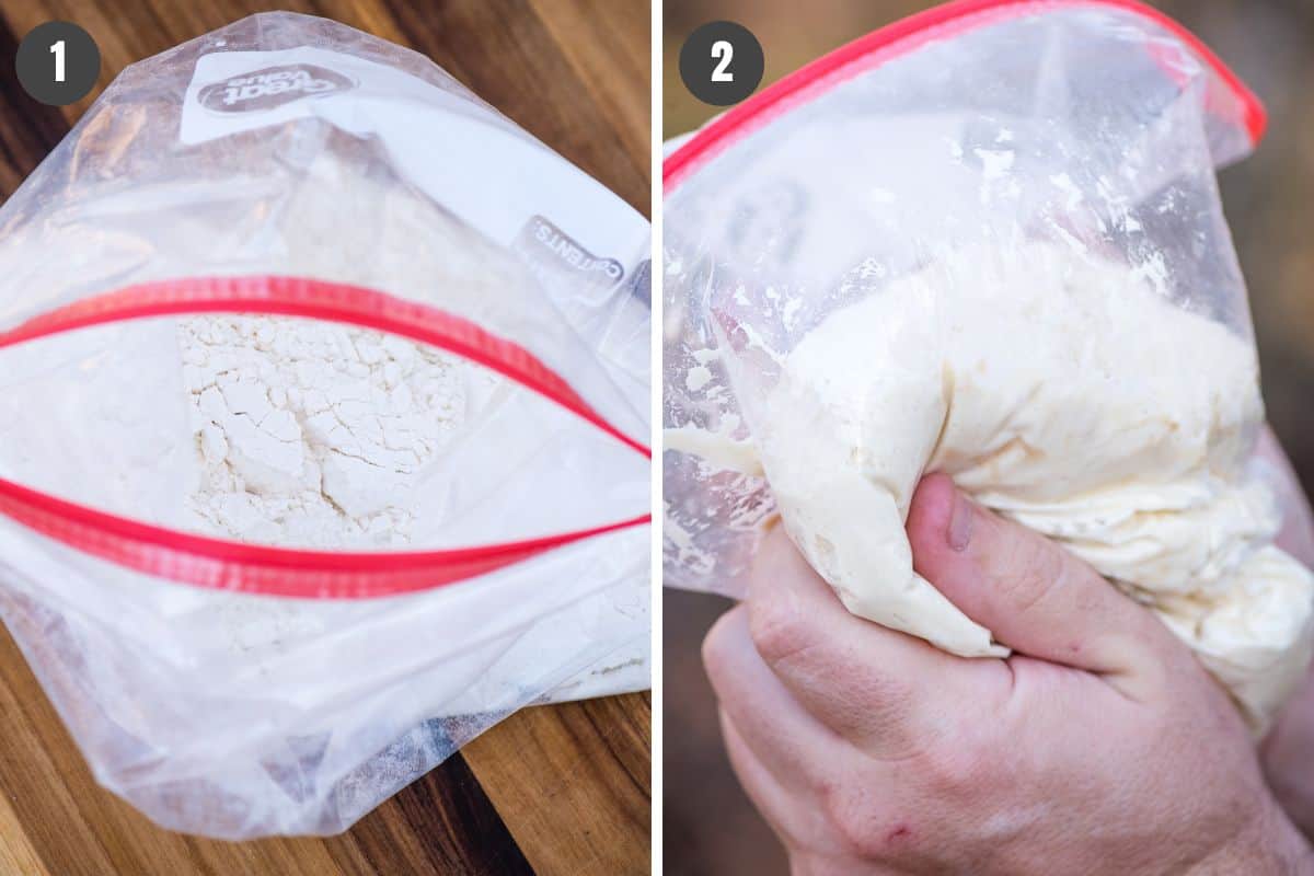 2 step photo collage showing how to mix up the cast iron pizza dough in a gallon zip-loc bag