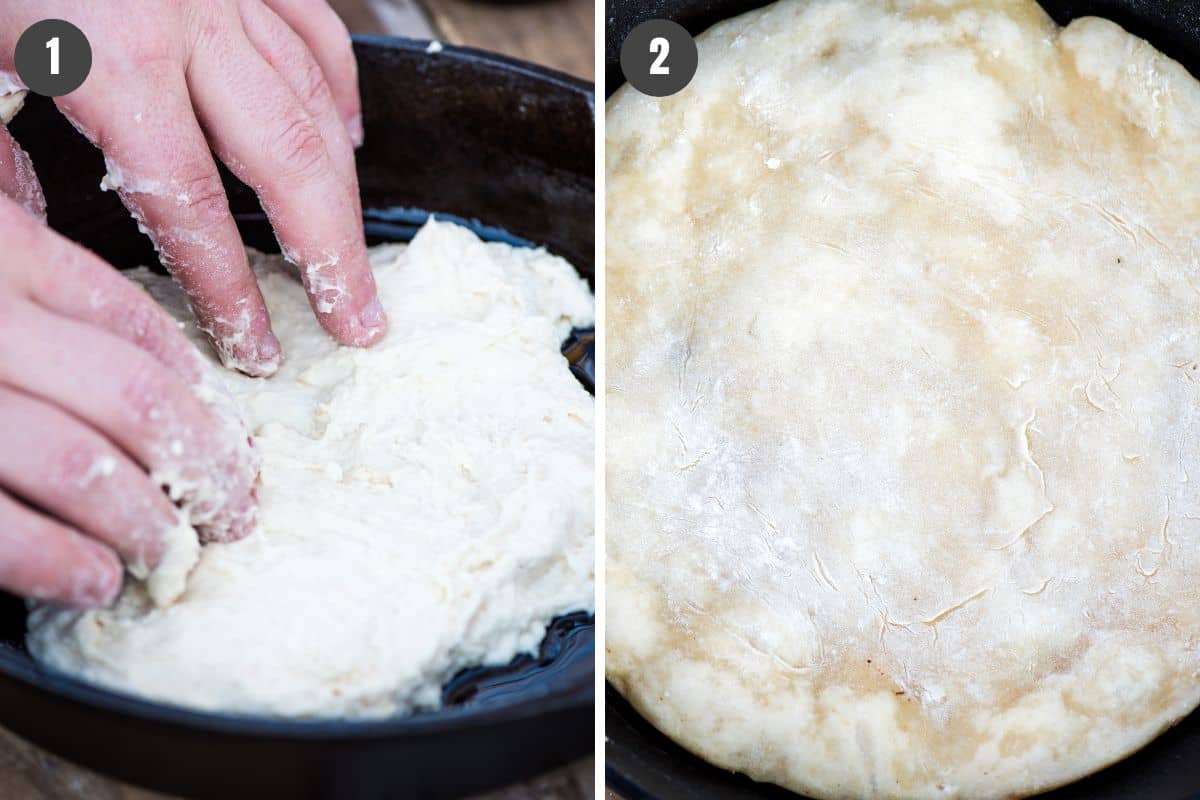 pressing risen pizza dough out into the cast iron skillet to bake