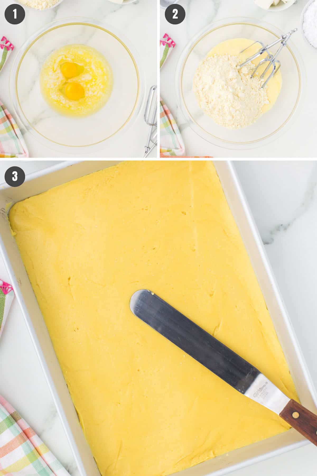 steps for how to make gooey butter cake crust in mixing bowl and cake pan