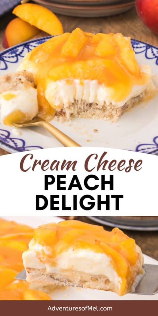 bite out of slice of peach delight on white plate, picking up slice of peach delight with serving spatula
