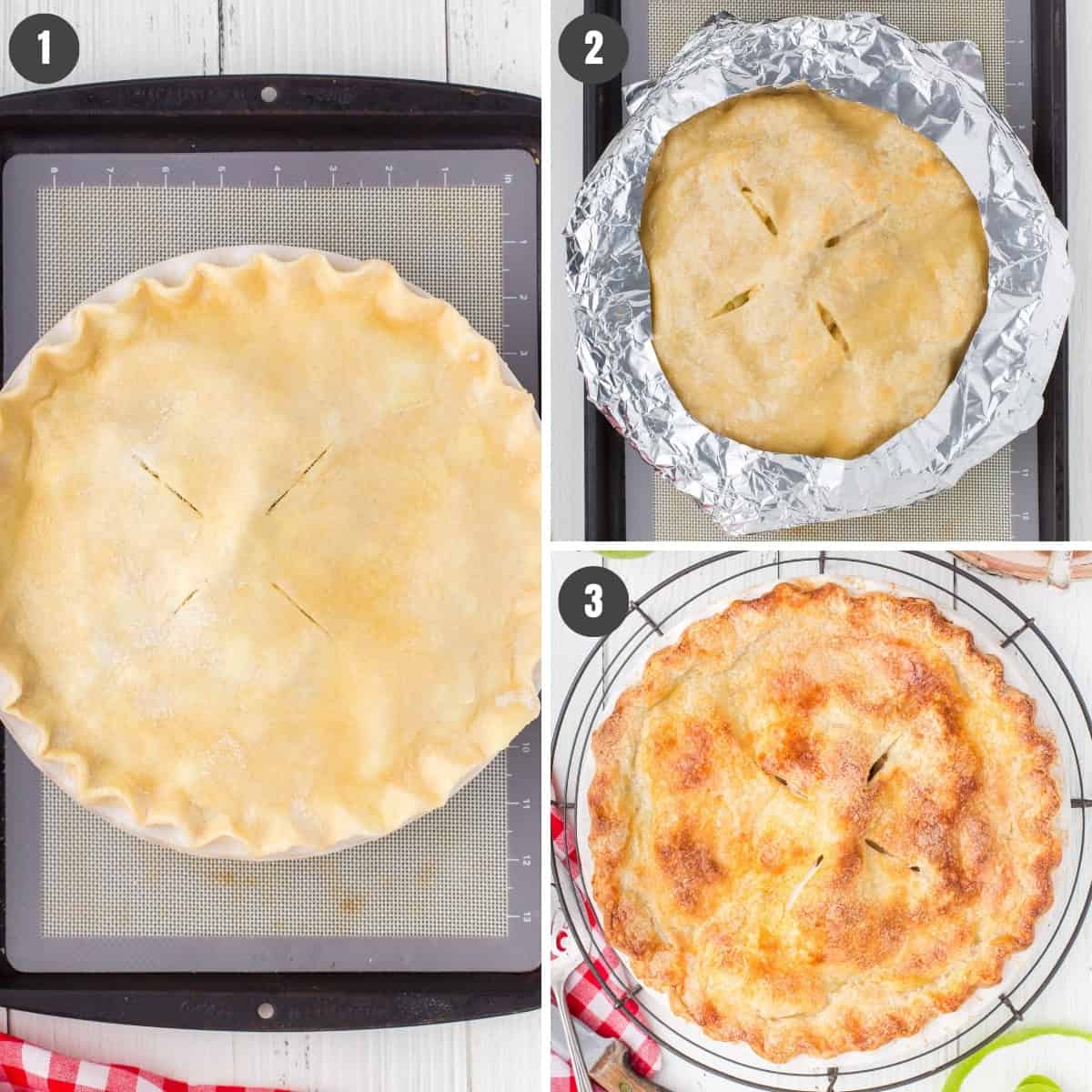 baking apple pie on cookie sheet with pie shield, then cooling on wire rack
