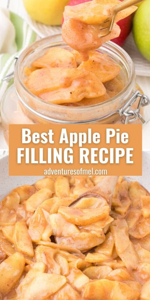 best apple pie filling in mason jar with forkful, and close up in skillet with wooden spoon