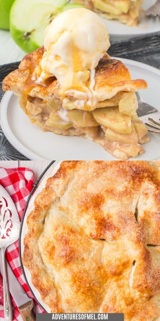 slice of apple pie with toppings on gray plate, close up whole apple pie