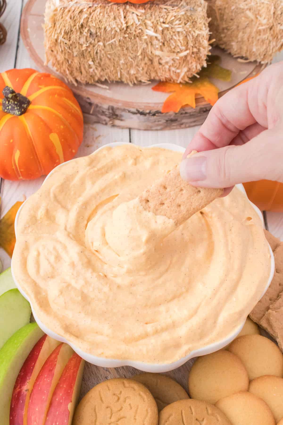 dipping graham cracker in pumpkin cream cheese dip in bowl