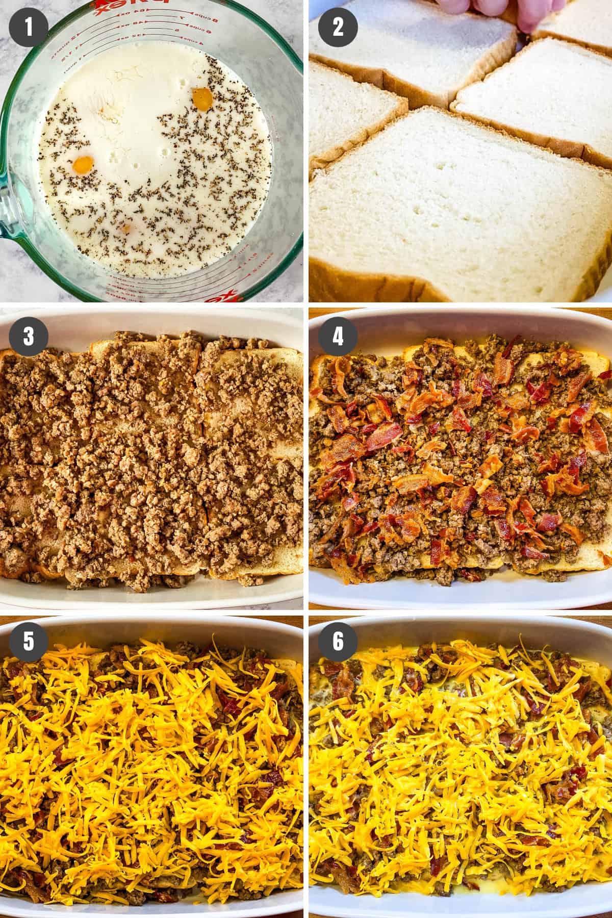 steps for how to make texas toast breakfast casserole, mixing egg mixture in glass measuring cup, and layering ingredients in baking dish
