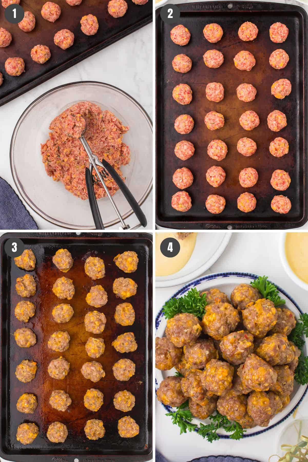 4 step collage showing how to shape and bake Bisquick sausage cheese balls