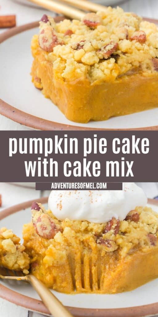 pumpkin pie cake with cake mix on brown plate, and topped with whipped cream on plate with fork