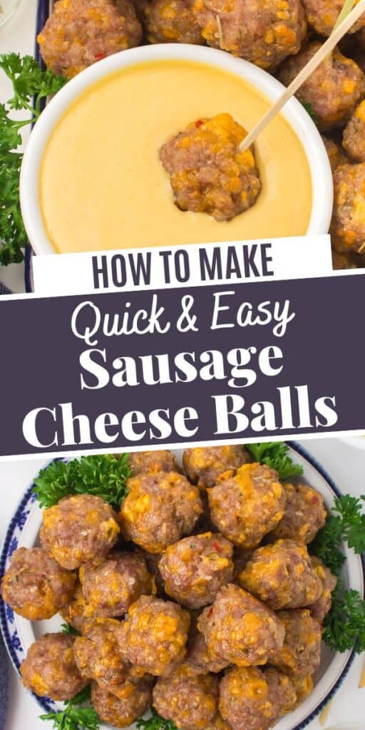 photo pin showing dipping sausage cheese ball into a white ramekin full of dipping sauce and then a large decorative blue and white plate piled with sausage and cheese balls fresh out of the oven