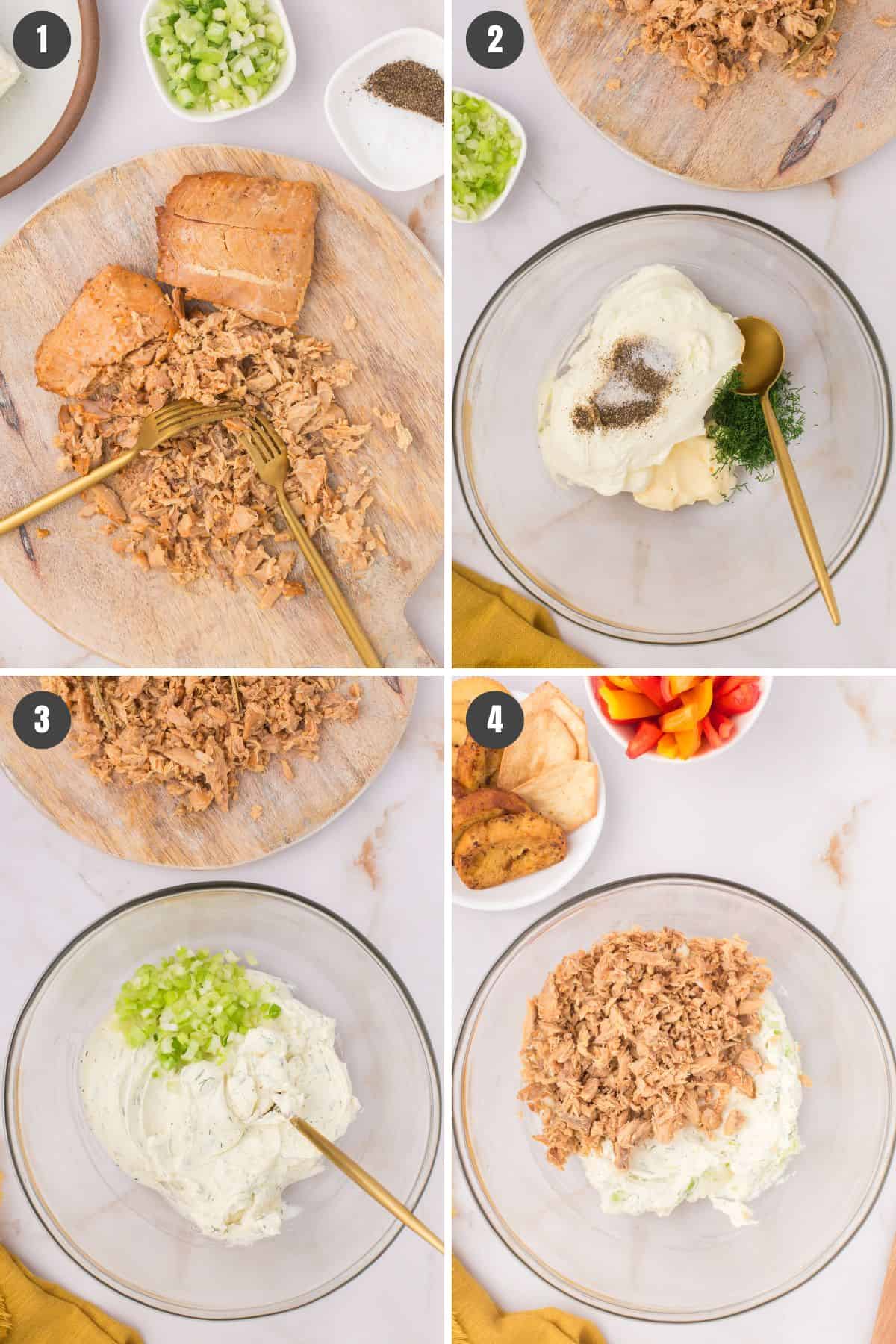 4 step photo collage showing how to make smoked salmon spread recipe