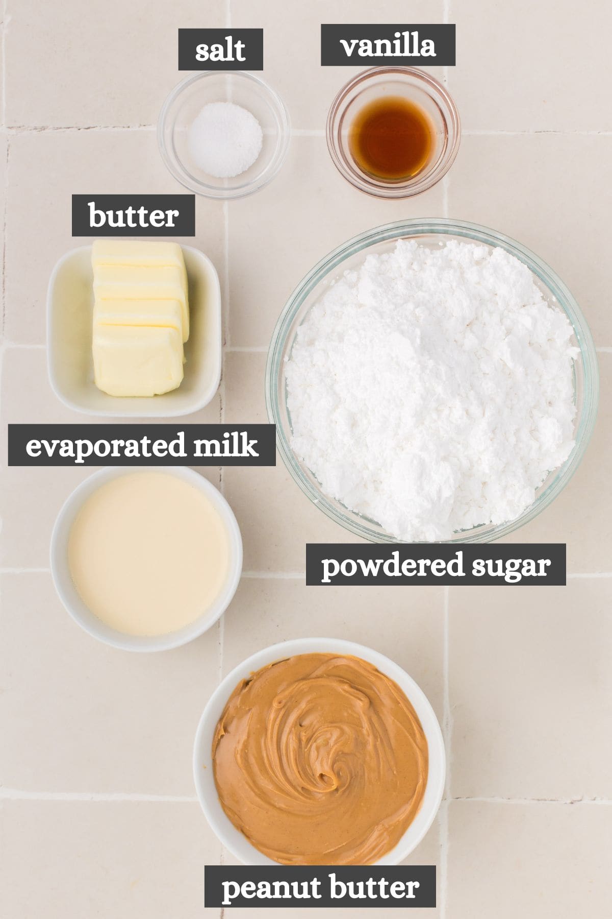 peanut butter fudge ingredients lined out on a white countertop