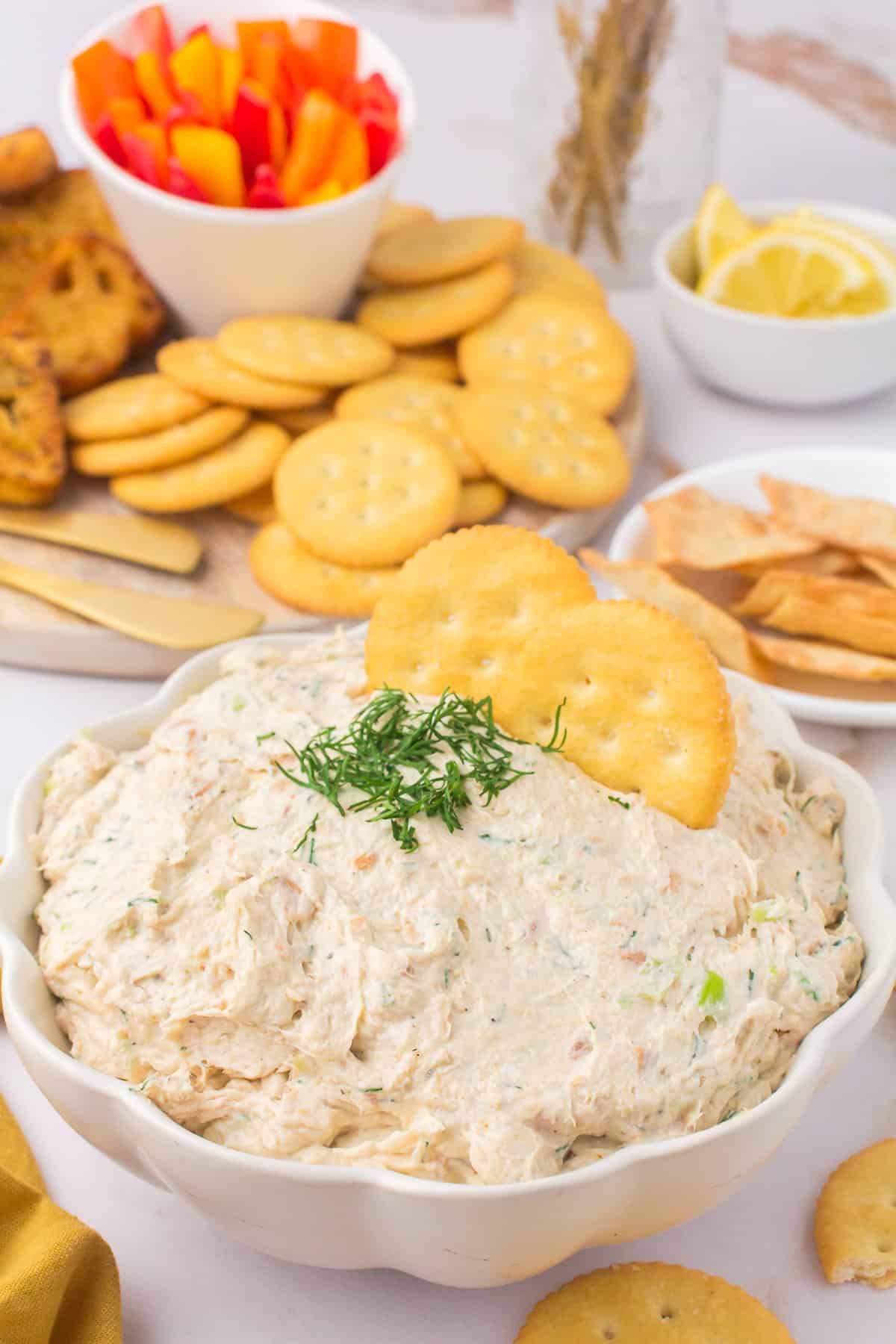 smoked salmon dip in a white decorative bowl with crackers and fresh dill on top