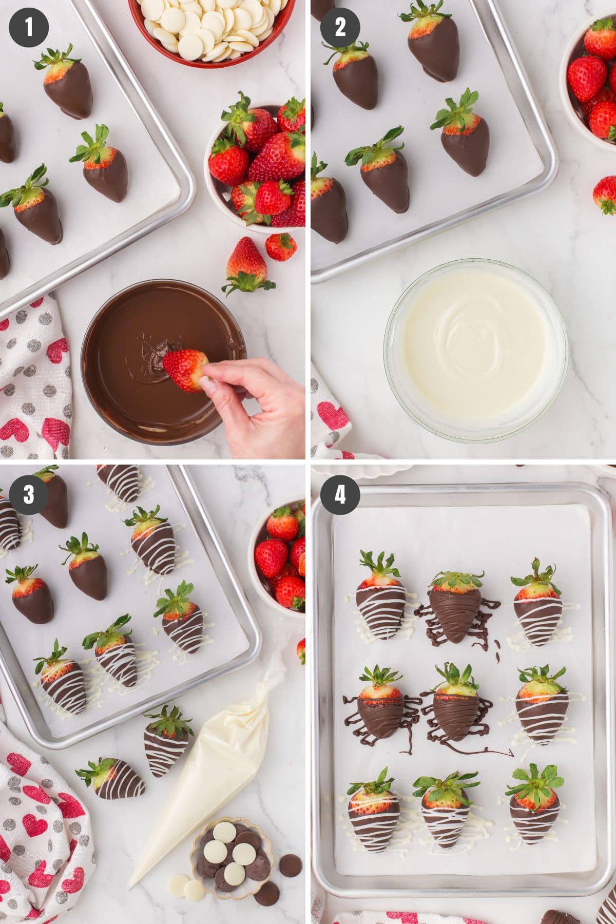4 step photo collage showing how to make chocolate covered strawberries
