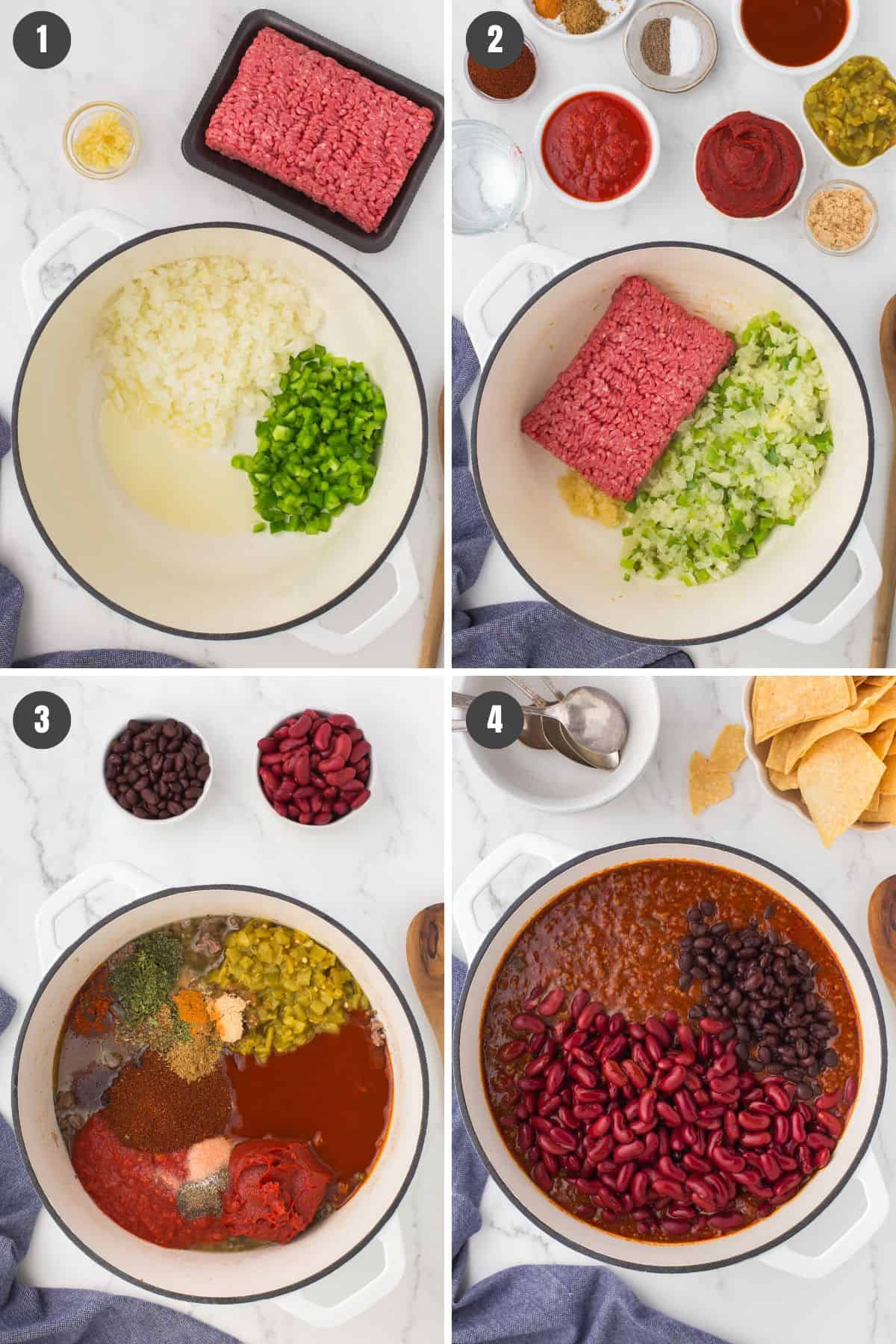 4 step photo collage showing how to make chili con carne in a large white Dutch oven on the stovetop