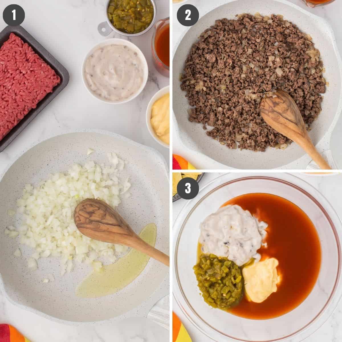 3 step collage showing how to make ground beef enchilada bake