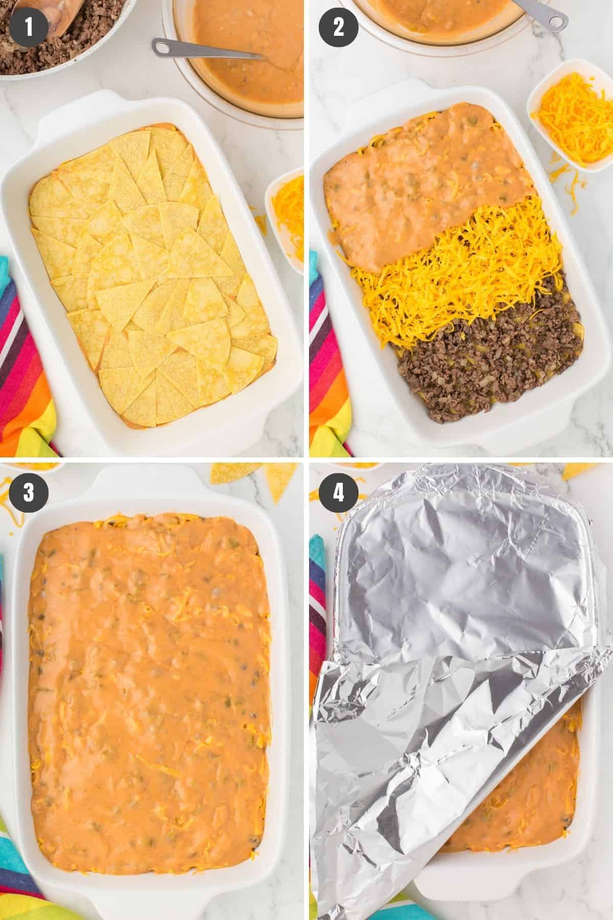4 step collage showing how to layer and bake an enchilada casserole with ground beef